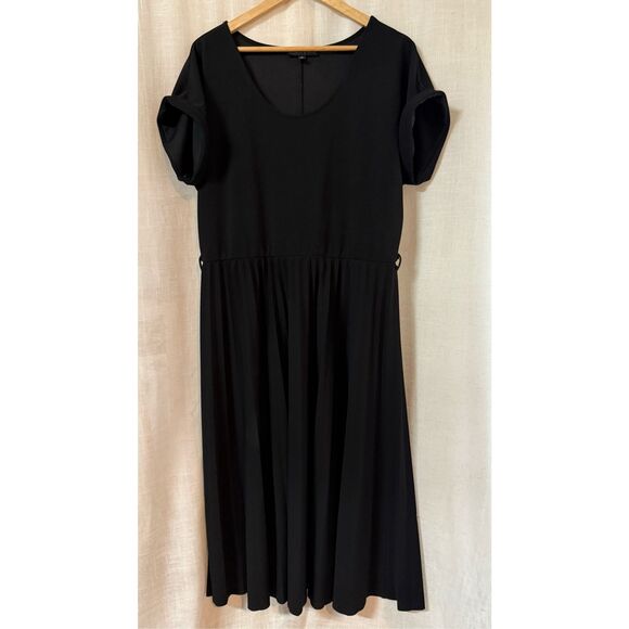 Babydoll Pleated Black Midi Dress Size 1X Plus Stretchy Minimalist Office Work - Picture 6 of 14